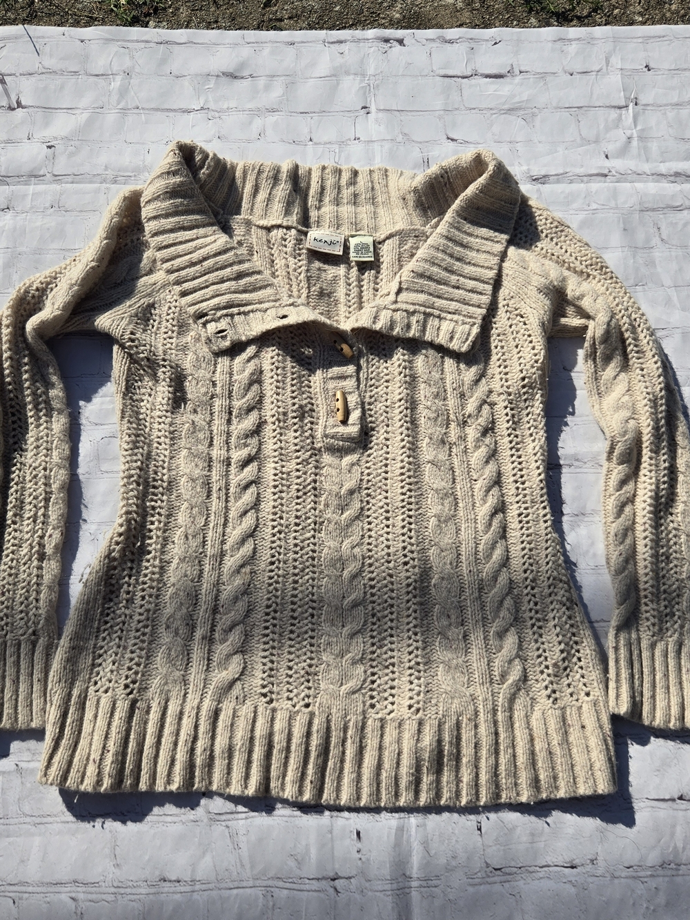 Kenji Y2K oatmeal shawl collar cable knit wool angora pullover fisherman sweater